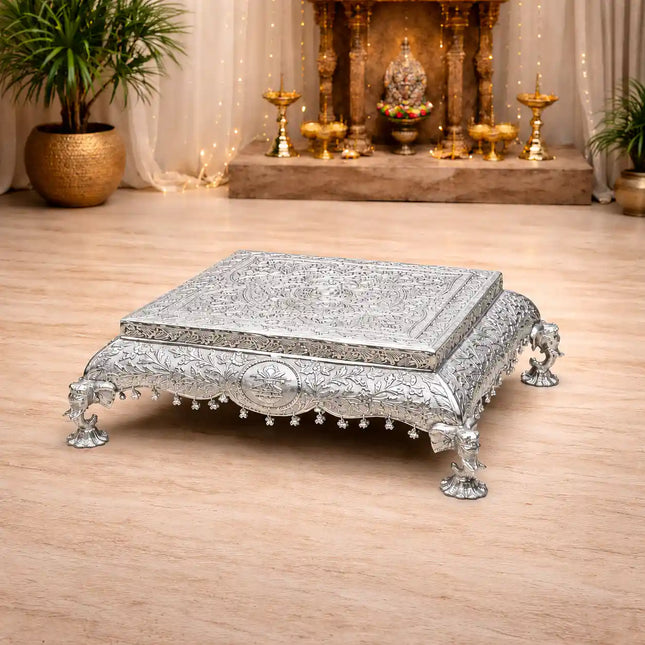 German Silver Handcrafted Chowki with Elephant Leg (7 Inch)
