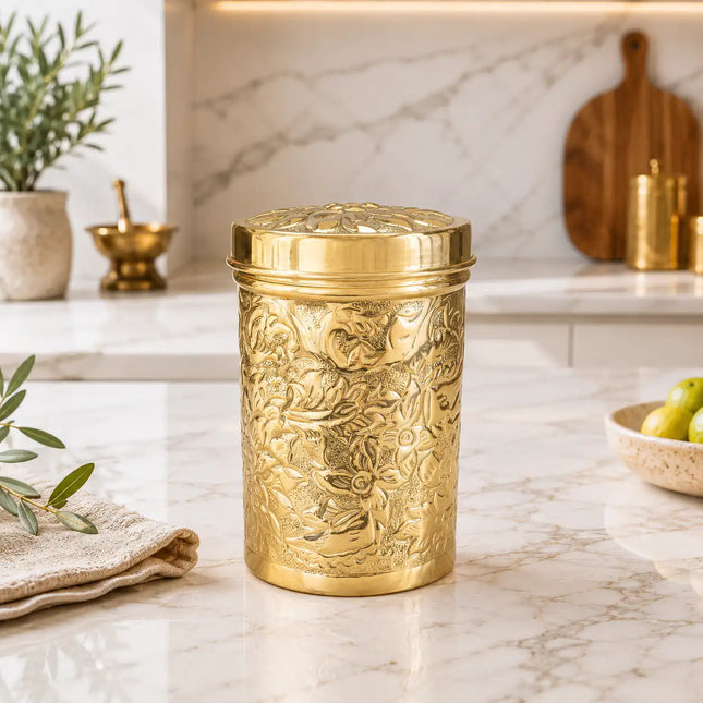 Brass Flower Design Container / Storage Box With Lid