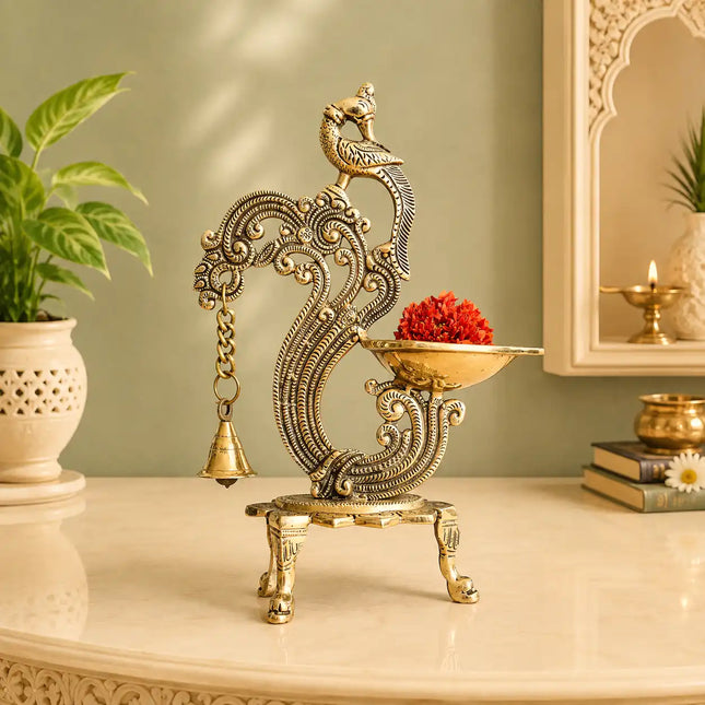 Brass Ethnic Peacock Diya Lamp With Hanging bell