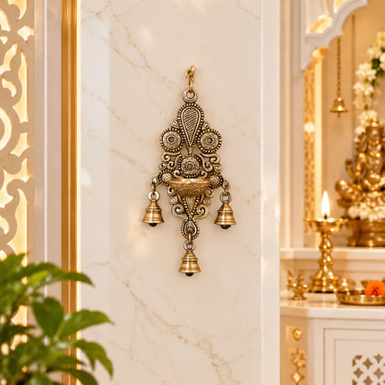 Brass Wall Hanging Diya With Bell (8.5 Inch)