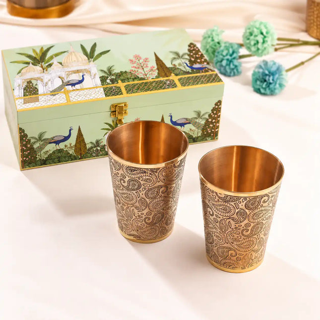 Brass Handcarved Glass Pair House Warming Box Hamper
