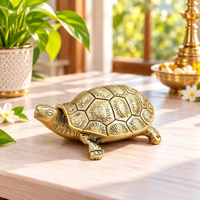 Brass Tortoise Figuruine Vastu/Feng Shui Kumkum Box (2 Inch)
