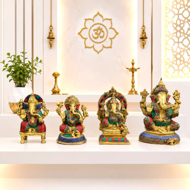 Brass Stone Work Sitting Ganesha Idol