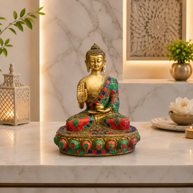 Brass Stone Work Blessing Sitting Buddha Statue