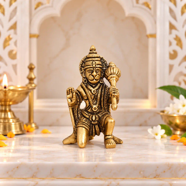 Brass Blessing Sitting Hanuman Idol (3.2 Inch)