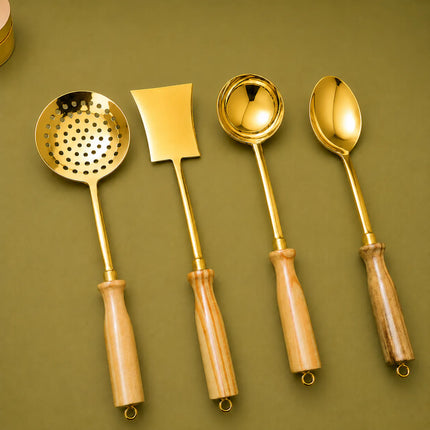 Brass Kitchen Ladles With Wooden Handle Set (14.5 Inch)