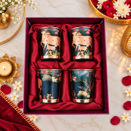 Copper Kalakriti Print Glass Set of Four With Gift Box/Hamper (3.5 Inch)