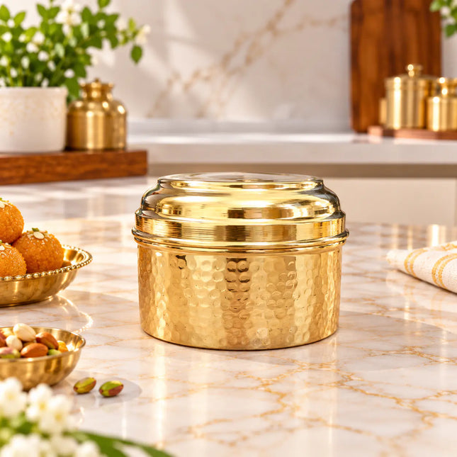 Brass Hammered Ladoo Box With Lid