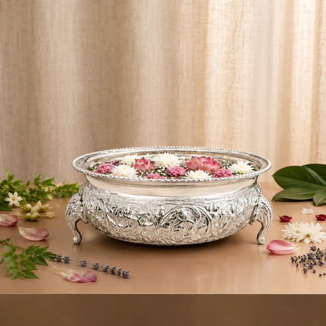 Brass Silver Plated Urli Bowl with Elephant Legs (3.2 Inch)