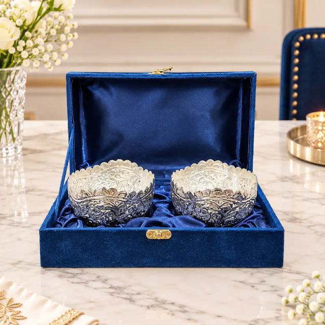 Brass Silver Plated Noka Bowl Set With Velvet Box (3 inch)