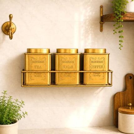 Brass Square Storage Jars / Canister Set With Wall Hanging Stand (Set of 3)