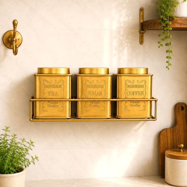 Brass Square Storage Jars / Canister Set With Wall Hanging Stand (Set of 3)