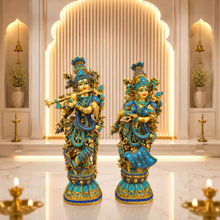 Brass Stone Work Standing Radha Krishna Statue Set (30 Inch)