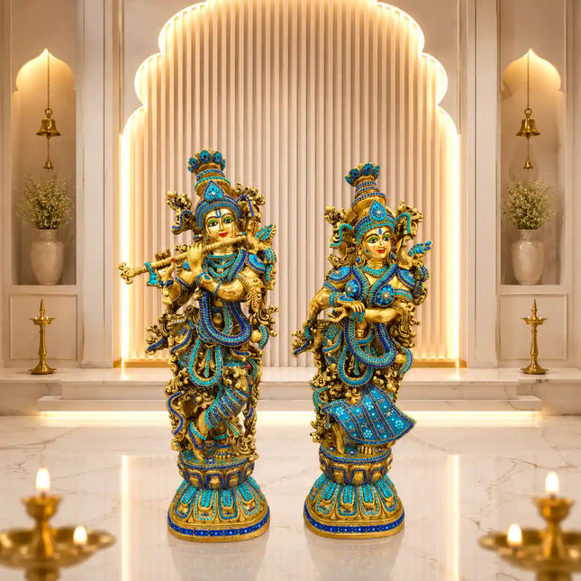 Brass Stone Work Standing Radha Krishna Statue Set (30 Inch)