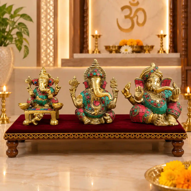 Brass Stone Work Sitting Ganesha Idol