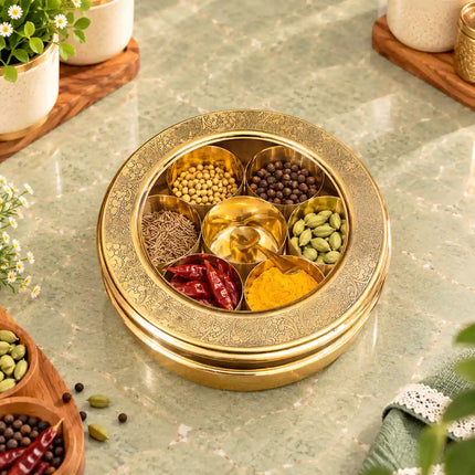 Brass Glass Lid Floral Masala Daani / Spice Box (2.5 Inch)
