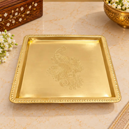 Brass Peacock Square Tray / Platter (8 Inch)