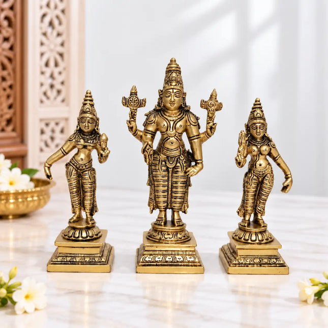 Brass Lord Balaji With Sri Devi And Bhudevi Idols Set (6.5 Inch)