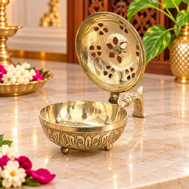 Brass Dhoop Dani & Incense Holder With Handle (3 Inch)