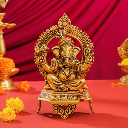 Brass Ganesha And Lakshmi On Throne Set (11 Inch)