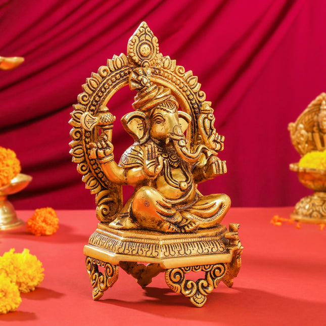 Brass Ganesha And Lakshmi On Throne Set (11 Inch)