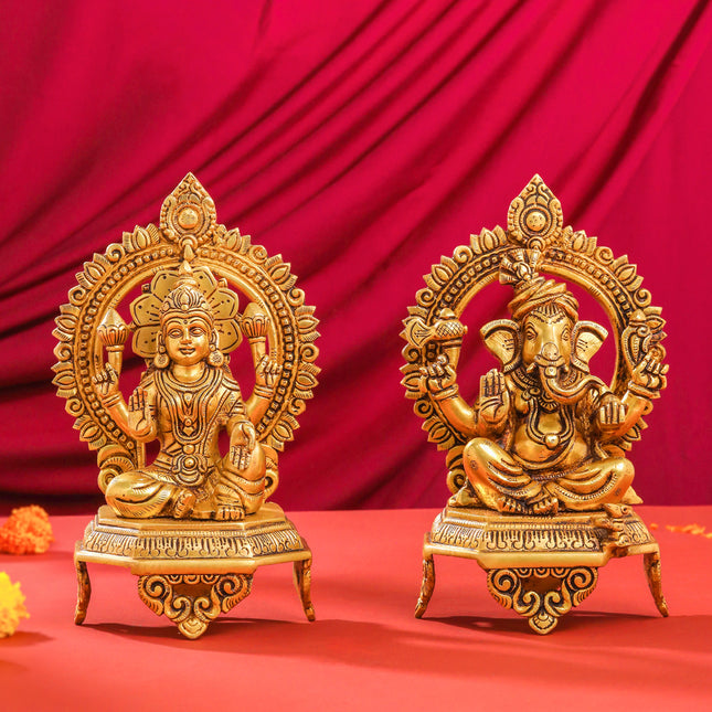 Brass Ganesha And Lakshmi On Throne Set (11 Inch)