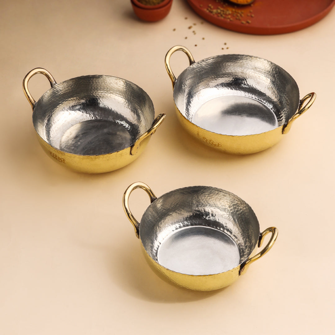 Buy Online Traditional Indian Brass Kadai Set of 3,wok,brass Fry Pan,brass  Kadhai,cheenachatti for Cooking,sauting and Deep Frying Brass 