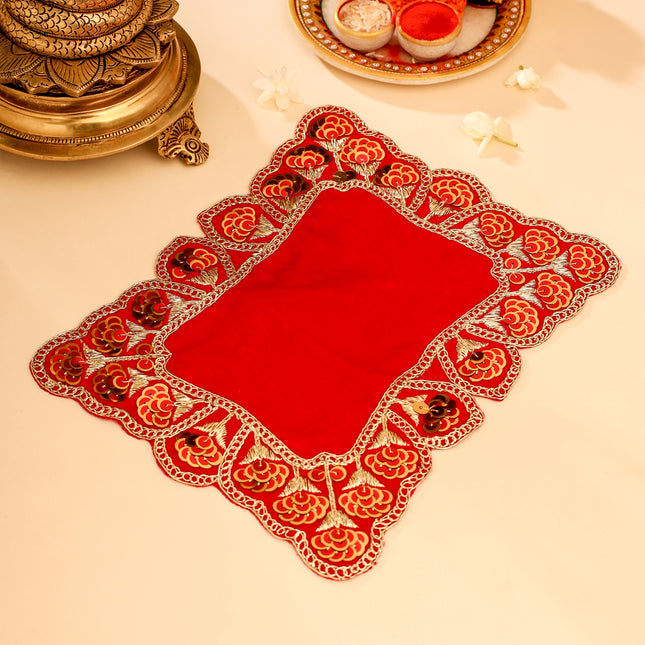 Sequin Work Red Velvet God Pooja Asana