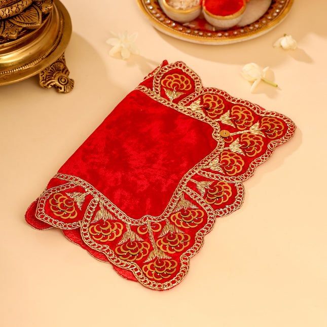 Sequin Work Red Velvet God Pooja Asana