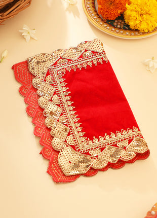 Sequin Work Red Velvet God Pooja Asana