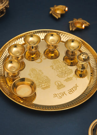 Brass Traditional Seven Deepak Pooja Thali (11.5 Inch)