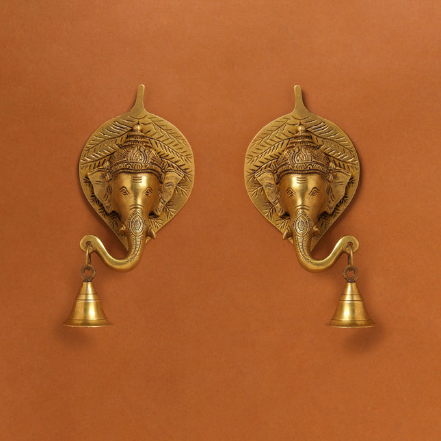 Brass Ganesha Bell On Leaf Wall Hanging (7.5 Inch)