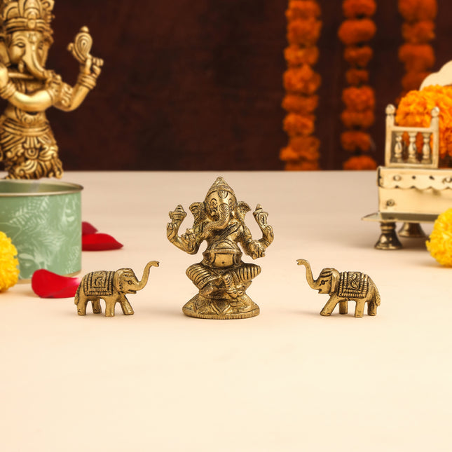 Brass Ganesha Idol With Elephants Combo