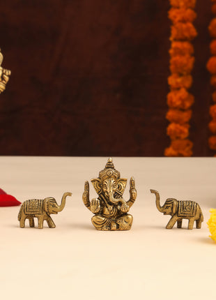 Brass Ganesha Idol With Elephants Combo