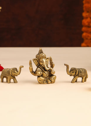 Brass Ganesha Idol With Elephants Combo