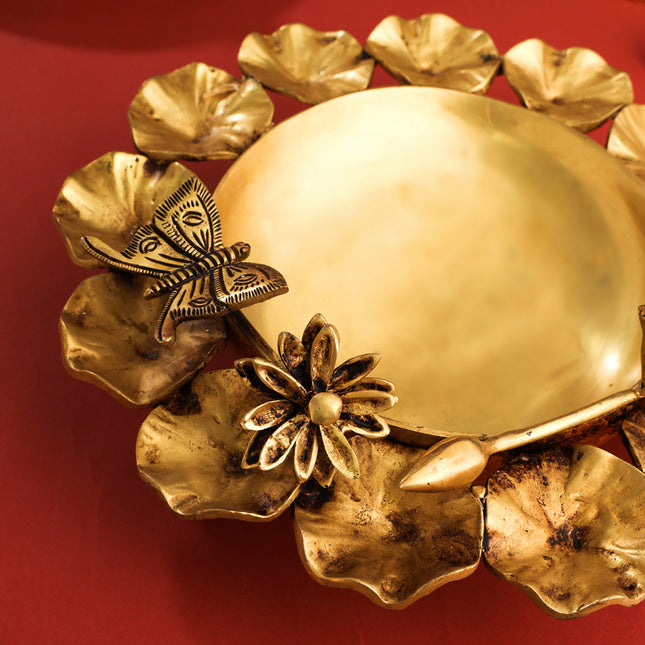 Brass Designer Flower And Butterfly Urli (4.8 Inch)