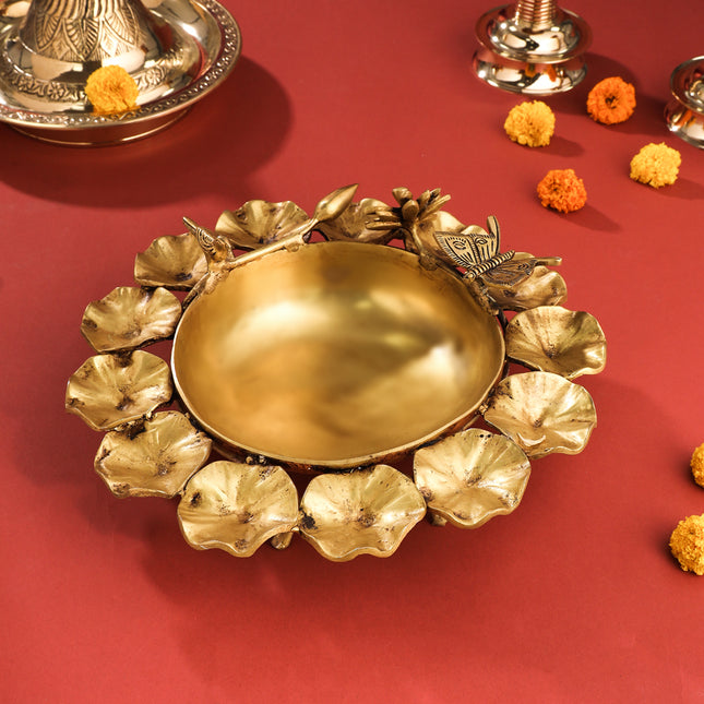 Brass Designer Flower And Butterfly Urli (4.8 Inch)