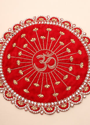 Pearl And Mirror Work Red Velvet God Pooja Asana