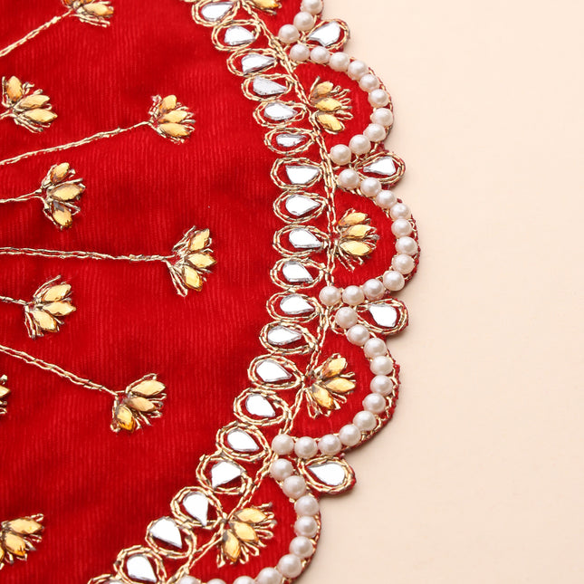 Pearl And Mirror Work Red Velvet God Pooja Asana (8 Inch)