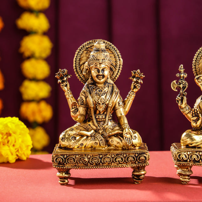 Brass Superfine Chowki Ganesha And Lakshmi Idols Set (4 Inch)