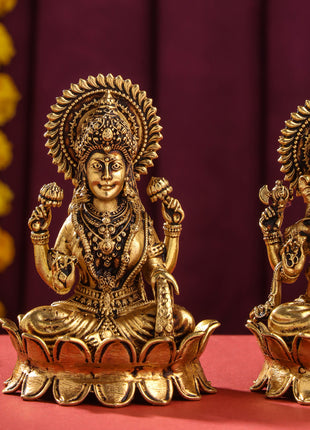 Brass Superfine Lotus Ganesha And Lakshmi Idols (4 Inch)