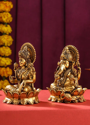 Brass Superfine Lotus Ganesha And Lakshmi Idols (4 Inch)