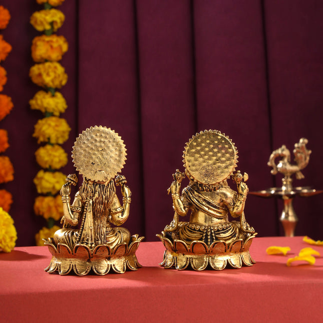 Brass Superfine Lotus Ganesha And Lakshmi Idols (4 Inch)