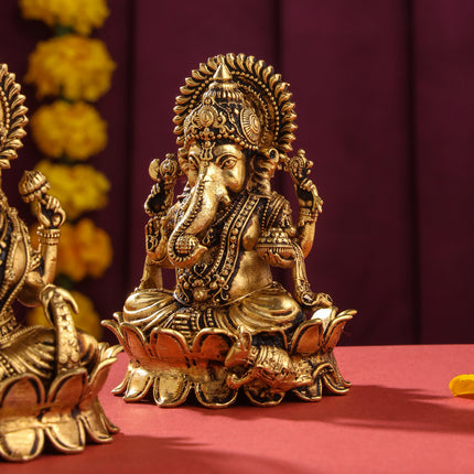 Brass Superfine Lotus Ganesha And Lakshmi Idols (4 Inch)