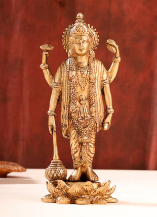 Brass Lord Vishnu Idol On Lotus (9 Inch)