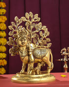 Brass Kamdhenu Cow With Calf And Tree Idol (8 Inch)