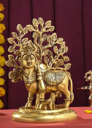 Brass Kamdhenu Cow With Calf And Tree Idol (8 Inch)