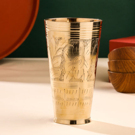 Brass Lassi Glass And Plate Set