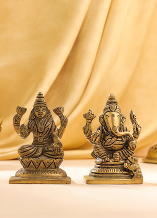 Brass Ganesha And Lakshmi Set Idol (3.5 Inch)