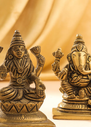 Brass Ganesha And Lakshmi Set Idol (3.5 Inch)